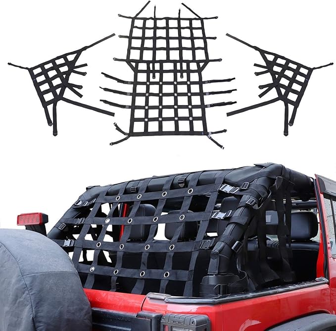 MFC New Black Trail Cargo Net Cargo Restraint System Net Compatible with for 2007-2018 Jeep Wrangler JK 4 Door