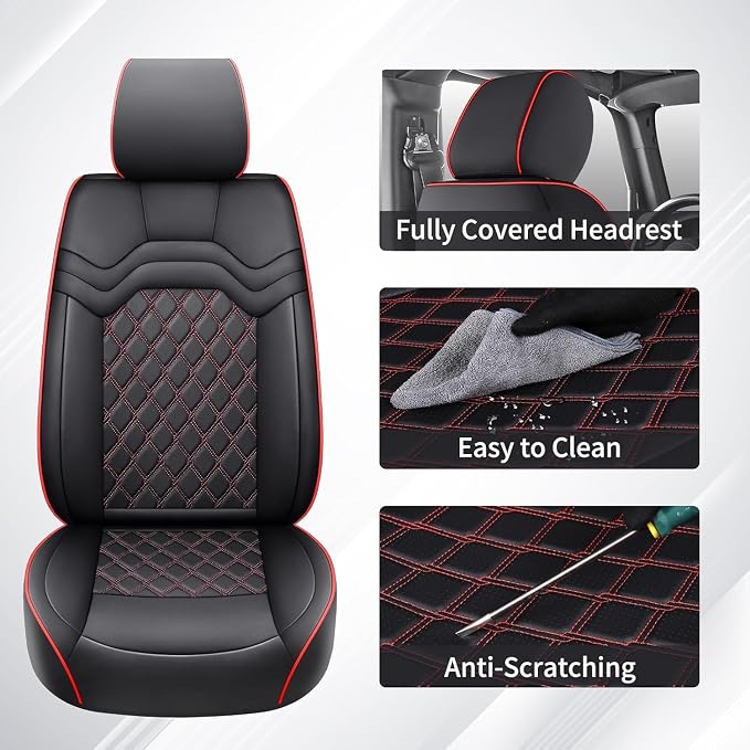 Huidasource Fit for Silverado Front Seat Covers, Sierra Front Seat Covers 1500 2007-2026, 2500HD 3500HD 2015-2026 Crew Double Extended Cab, Nappa Leather Heavy Duty Truck Front Seat Cover, Black&Red