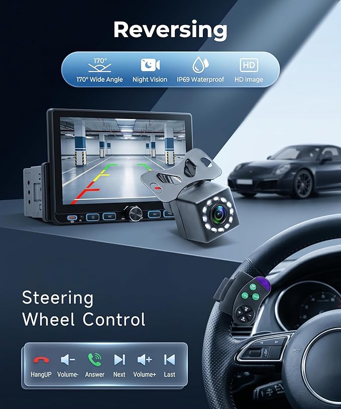 Single Din Radio Car Stereo with Wireless/Wired CarPlay & Android Auto, 7'' Single Din Touchscreen with BT,Mirror Link,FM/AM/RDS,EQ,USB/Type-C,Rear View Camera,SWC,Mic