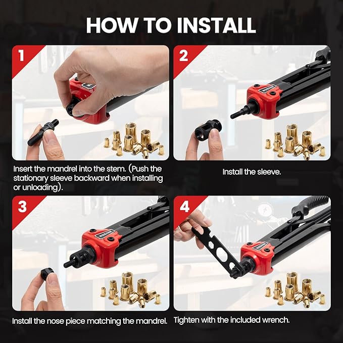 Rivet Nut Tool, 16" Heavy Duty Rivnut Tool Kit with 15PCS Metric/SAE Mandrels, 290PCS Rivet Nuts, Wrench, Gloves and Carrying Case, Auto Release Nut Design for Automotive, Construction & DIY