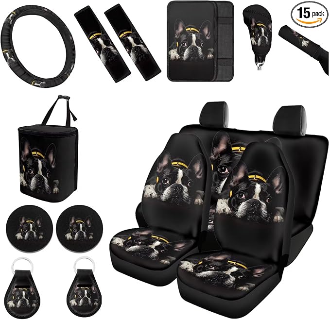 Forchrinse Cute Boston Terrier Car Seat Covers for Women 15Pcs Auto Interior Set with Steering Wheel Cover,Armrest Seatbelt Cover,Car Trash Can,Coaster,Keychain for Truck SUV Vehicles