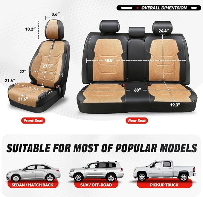 Auto Dynasty Car Seat Covers Full Set, Anti-Slip Automotive Interior Covers with Storage Pocket, Breathable Car Seat Protectors, Airbag Compatible, Universal Fit Most Vehicles, Beige (Sport Series)
