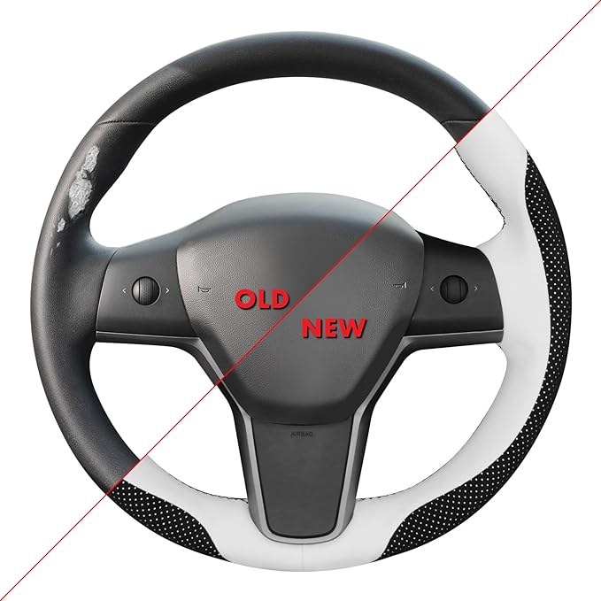 MEWANT Hand Stitch Steering Wheel Cover for Tesla Model 3 2017-2023 Model Y 2020-2023 Black Mesh Athsude White Microfiber Leather Wrap Protector Non-Slip Breathable