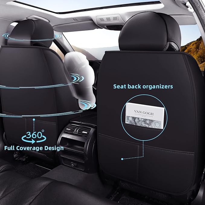 FREESOO Car Seat Covers Leather, Seat Cover Full Set Waterproof Automotive Cushion Protector Accessories Airbag Compatible Universal Fit for 5 Seats Vehicle (Black 8)