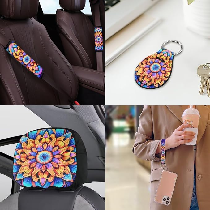 Mandala Lotus Car Seat Covers Full Set 18 Pcs Universal Car Interior Accessories Full Sets Hobo Mandala Flower Steering Wheel Cover Car Seat Belt Pads Cover Car Headrest Covers Keychain