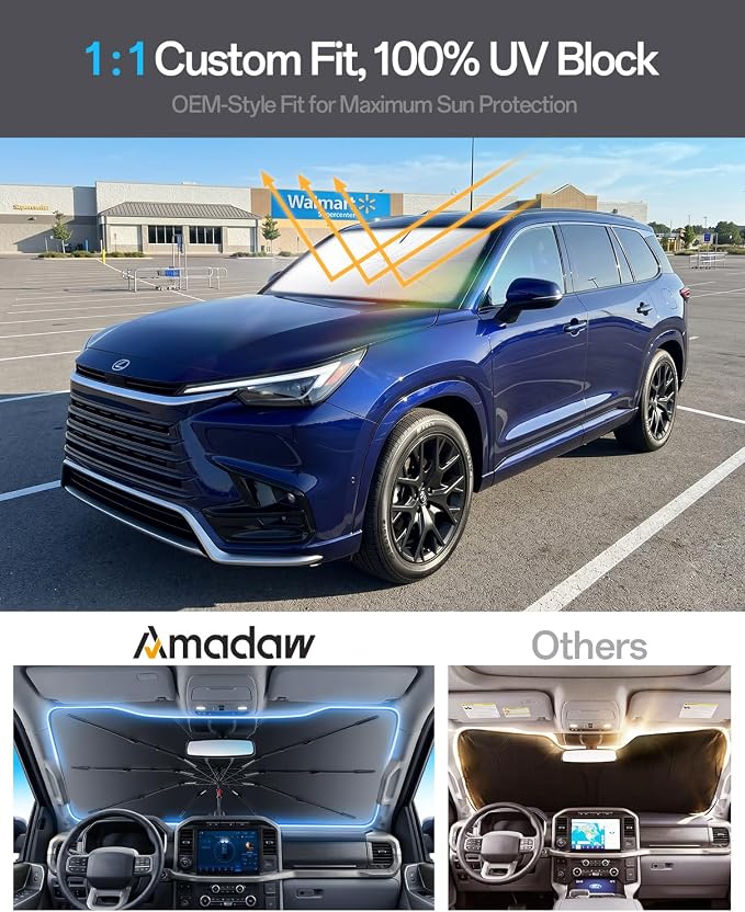 Windshield Sun Shade for Lexus TX350/500/550 2024–2026, Foldable Umbrella Sunshade with 100% UV Block, Multi-Layer Heat Insulation, Reinforced 10-Rib Frame, Keeps Car Cooler