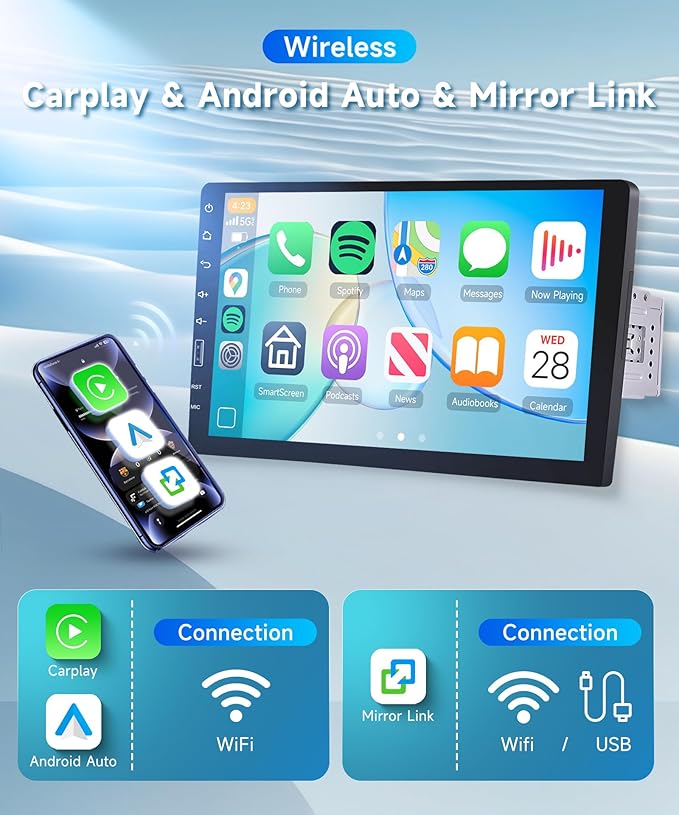 Single Din Radio 9 Inch IPS Touchscreen Car Stereo, Wireless CarPlay Android Auto, 1 Din CarPlay Radio Bluetooth, FM/AM/RDS, You-Tube Video, EQ, SWC, Backup Camera