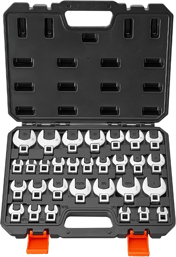 VEVOR Crowfoot Wrench Set, 3/8" Drive, 30-Piece Metric and SAE Size Crows Foot Wrenches, Cr-Mo Alloy Steel, with Storage Case, Dual Size Markings on Tools and Case, for Auto Maintenance or Repairs