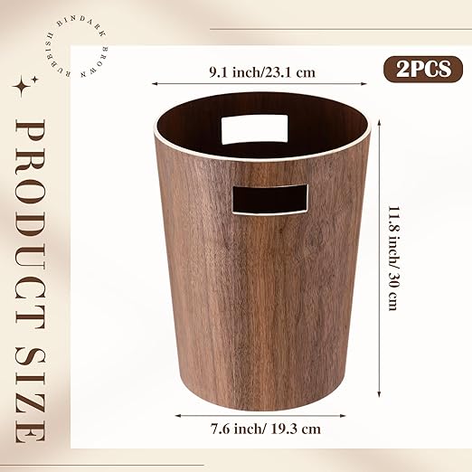 Threehoney 2 Pack 2.3 Gallons Wood Trash Can Wastebasket Natural Wood Round Wastebasket Small Trash Bin for Home, Office Under Desk, Kitchen, Bedroom, Hotel, Room (Walnut Color,Flat)