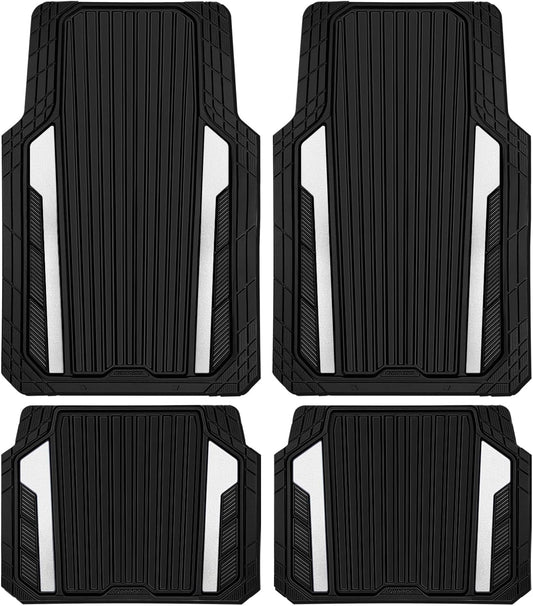 CAR PASS Heavy Duty Rubber Car Mats Metallic,Aluminum Film All Weather Floor Mats Waterproof Universal Trim to Fit SUVs Sedans Vans 4 Piece Anodized Deep Dish Two-Tone Sporty Black White Chrome