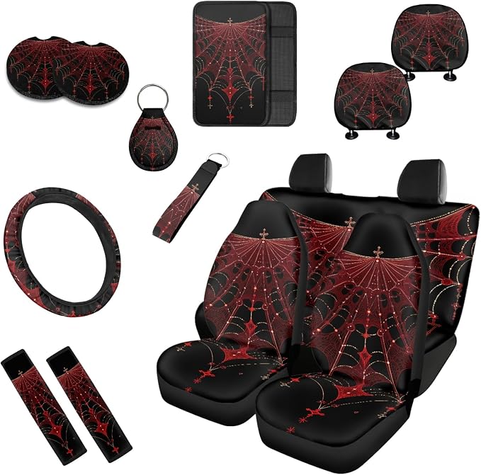 13 Pcs Gothic Spider Web Pattern Car Accessories Set Halloween Spider Web Painting Front and Rear Seat Protection Universal for SUV Truck Vans Sedans