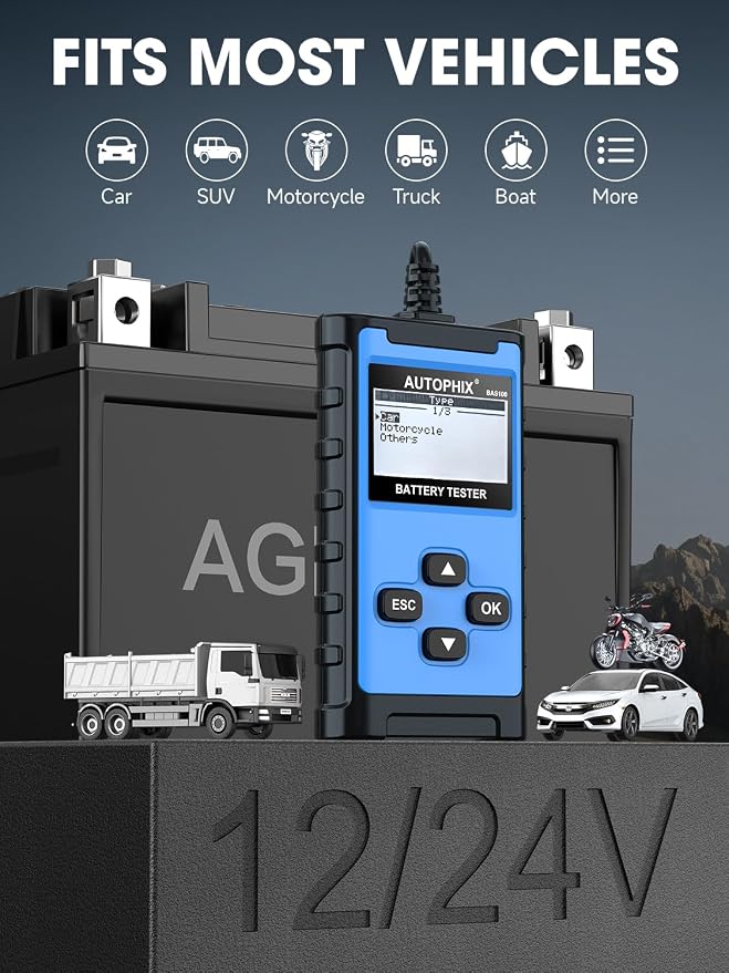 AUTOPHIX BAS100 Car Battery Tester 12V 24V, Accurate Automotive Load Meter Alternator Analyzer 100-2000 CCA Load Tester, Charging & Cold Cranking Test for Cars Truck Motorcycle Boat and More