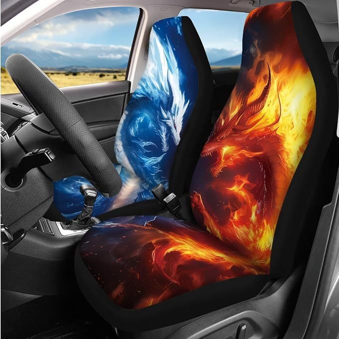 Bulopur Fire Ice Dragon Car Seat Covers Front and Rear with Steering Wheel Cover Elastic Center Console Cushion Anti-Slip Seat Belt Pads 14 Piece Vehicle Interior Decor Set