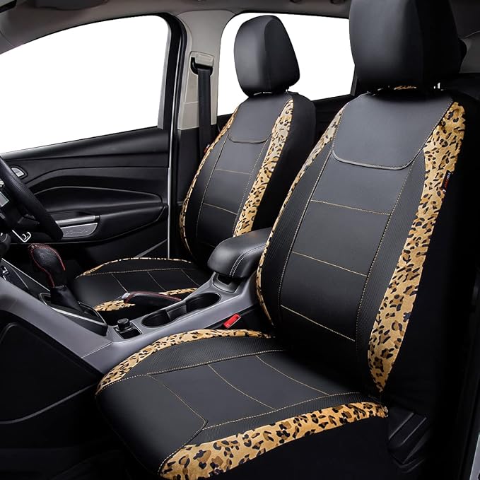 Flying Banner car seat Covers Protects Leopard Printing Velvet Faux Leather Carbon Fiber Front Pair Carbon Fibre (Leopard Black, Front Pair)