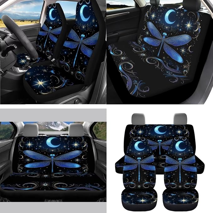 Moon Dragonfly Car Seat Covers Full Set 15 Pcs Universal Car Accessories Steering Wheel Cover Seat Belt Pads Garbage Bag Car Headrest Pillow Covers Armrest Pad