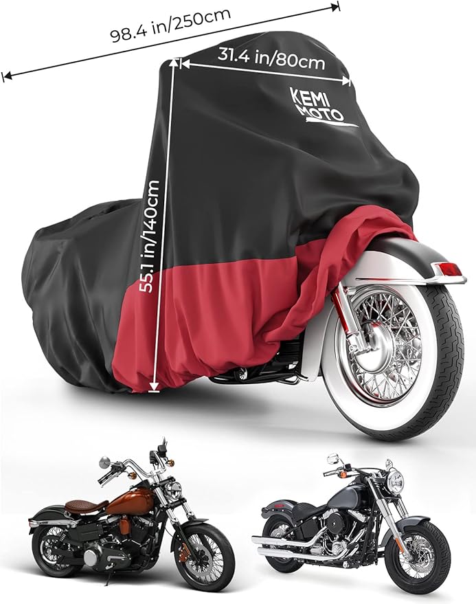 KEMIMOTO Heavy Duty 420D Motorcycle Cover Compatible with Cruiser Models Softail Dyna Iron 883 Fat Boy 114 Forty-Eight Low Rider Cover Standard Heritage Classic Waterproof Outdoor Snow Rain Protection