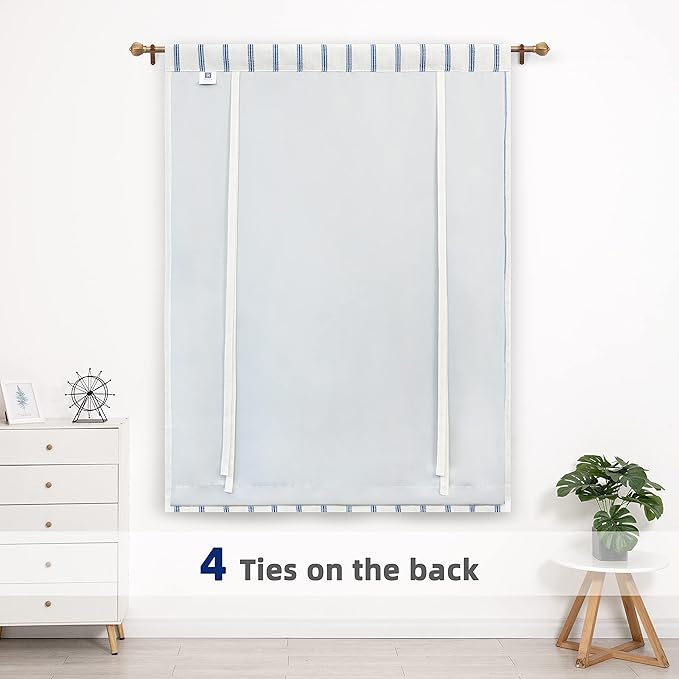 DriftAway Farmhouse Double Layer Linen Blackout Tie Up Curtains Thermal Insulated Vertical Striped Fully Lined Balloon Roman Shade Bathroom Window Adjustable Rod Pocket 45 Inch by 63 Inch Navy