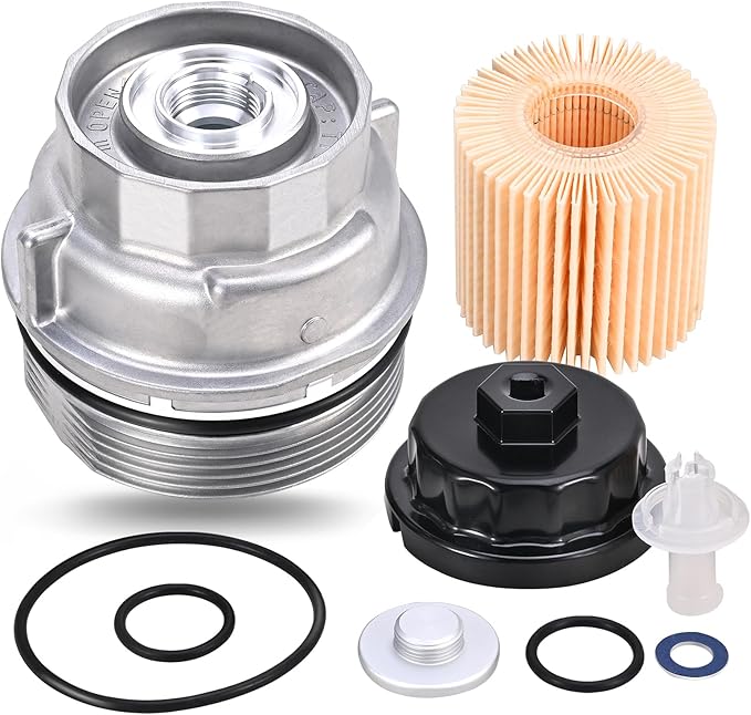 15620-31060 Oil Filter Housing Cap Assembly Kit 04152-YZZA1 15643-31050 | For Toyota Rav4 Tundra 4Runner Camry Highlander Tacoma Lexus RX350 Aluminum Oil Filter with Wrench Drain Plug 1562031060