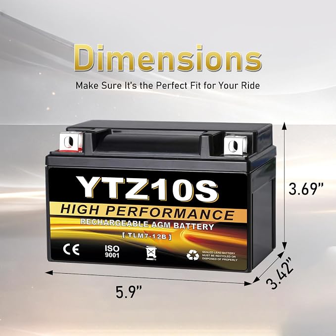 YTZ10S-BS 12V 9Ah AGM Sealed Motorcycle Battery, Maintenance-Free, Compatible with Yamaha Raptor, Honda CBR, BMW, Kawasaki, Suzuki