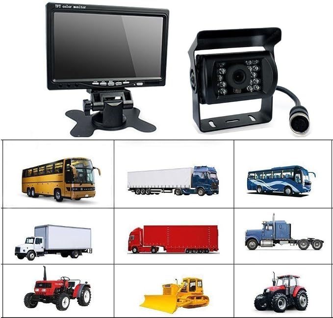 Vehicle Backup Camera and 7 inch Screen Monitor Kit + IR Night Vision Reverse Rear View Parking Camera System with 4 Pin 15m Cable for Bus RV Truck Trailer Camper Motorhome