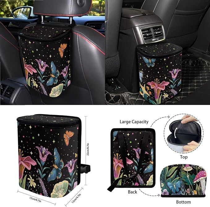 Butterfly Star Tulip Mushroom Pattern Auto Interior with Full Set Car Seat Covers Steering Wheel Cover Keychain Trash Can Seat Belt Covers Air Vent Storage Pocket Cup Holders Mirror Covers