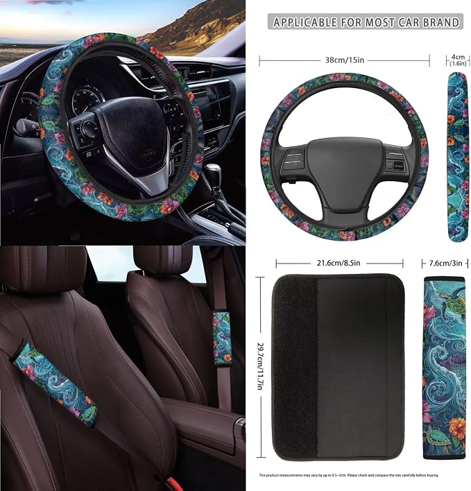 Hibiscus Turtle Printed Car Seat Cover Set 15 PCS, with Steering Wheel Cover Seat Belt Pad Garbage Bag Air Vent Pocket Rearview Mirror Cover for SUV Trucks Vans Sedans