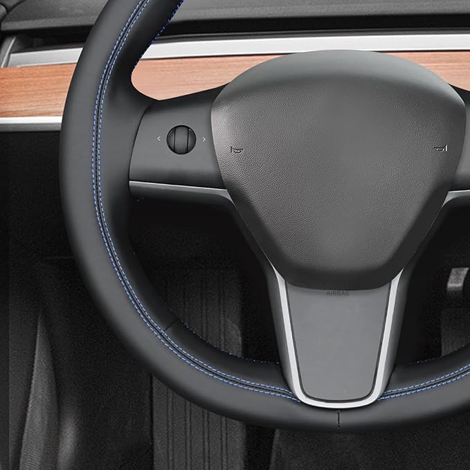MEWANT Hand Stitch Black Smooth Faux Leather Steering Wheel Cover Wrap for Tesla Model Y 2020-2023 Model 3 2017-2023