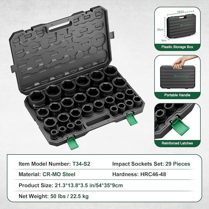 3/4" Drive Impact Socket Set, CR-MO Steel, SAE 3/4" - 2-1/2", 29 Pieces Jumbo Socket Set with a Storage Cage, Heavy Duty Impact & Large Socket Set for Industrial Trucks, Machinery
