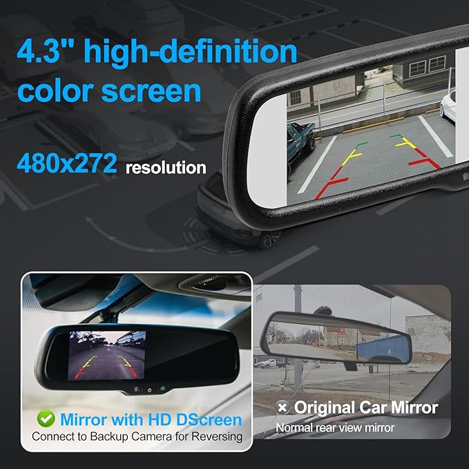 EVGATSAUTO Car Mirror Monitor, 4.3 inch HD 480 x 272 Resolution Digital Auto Dimming Rear View Parking Monitor with Bracket