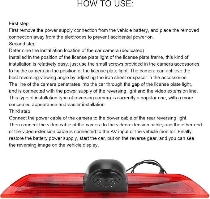 Backup Camera Car High Mount Brake Light Reversing Camera DC12V 170° View Angle IP67 for Transit 2014‑2018