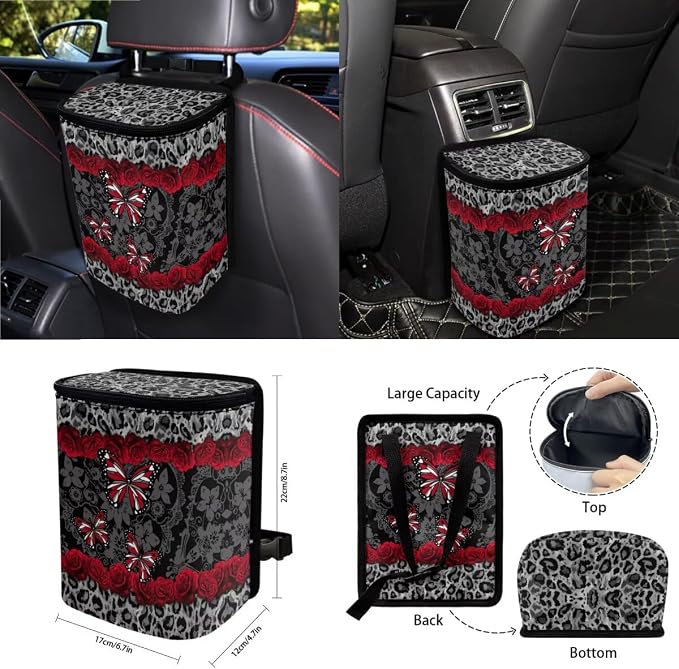 Leopard Butterfly Rose Floral Print Car Seat Cover Set of 15 Steering Wheel Covers Seatbelt Strap Pad Garbage Cans Air Vent Storage Holder Rear View Mirror Cover Cup Holder Key Chain