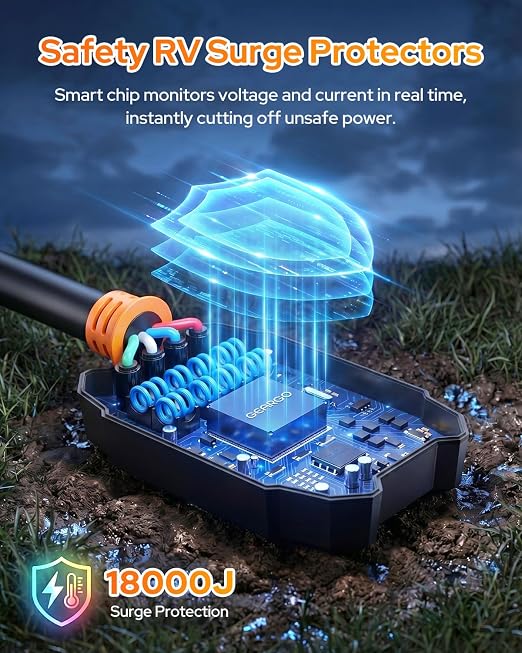 GEARGO 𝟐𝟎𝟐𝟔 𝐍𝐄𝐖 50 Amp Surge Protector for RV, 18000 Joules Circuit Analyzer Adapter, IP68 Waterproof Voltage Protection, Heavy Duty RV Adapter Plug for Camper Travel Trailer