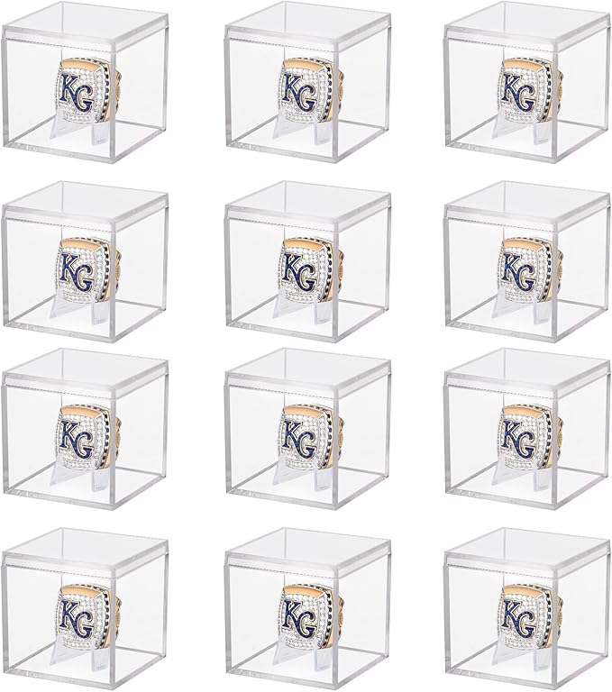 12 Pack Championship Ring Display Case Clear Acrylic Ring Case Display Box for Sports Baseball Softball Football Golf Single Ring Coin Holder Stand, 2.16 Inch