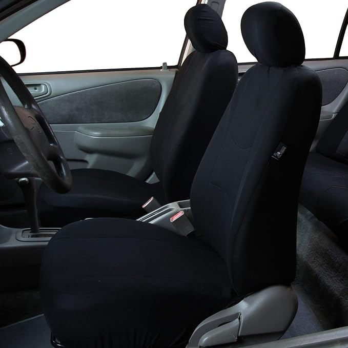 FH Group Car Seat Covers Flat Cloth Front Seats Only Black Automotive Seat Cover, Airbag Compatible Universal Fit Interior Accessories Cars Trucks SUV Combo Steering Wheel Cover & Seat Belt Pads