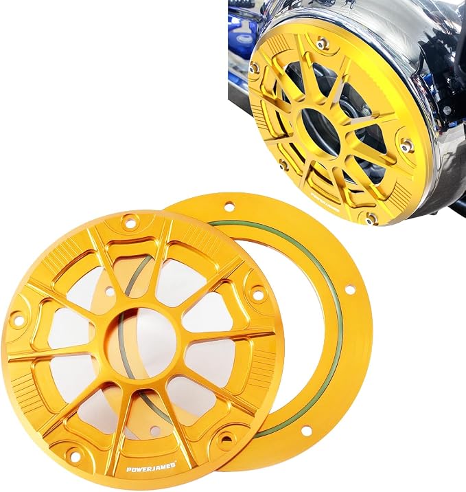 POWER JAMES Gold 7.7" Visible Hollow-Out Primary Derby Clutch Cover with Tranparent Acrylic PC Glass Compatible with 2016-2024 Touring and Trike Models FLHXSE, FLHR, FLTRSE (Gold)