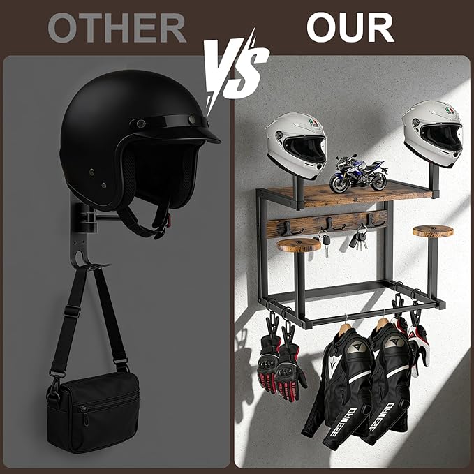 Motorcycle Helmet Hanger Wall Mount, Tiered Wooden Organizer with Metal Frame, 4 Helmet Holders, 5 Glove Clips & 3 Hooks for Accessories Storage