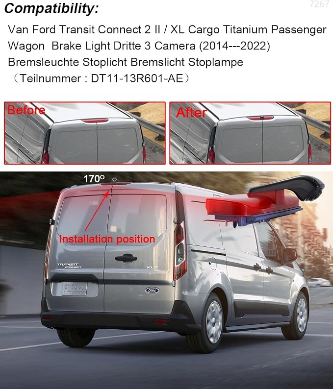 Car Third Roof Top Mount Brake Lamp Light Rear View Reverse Parking Camera,Replacement for Van Ford Transit Connect 2 II/XL Cargo Titanium Passenger Wagon 2014-2022(with 4.3 inch Rear View Mirror)