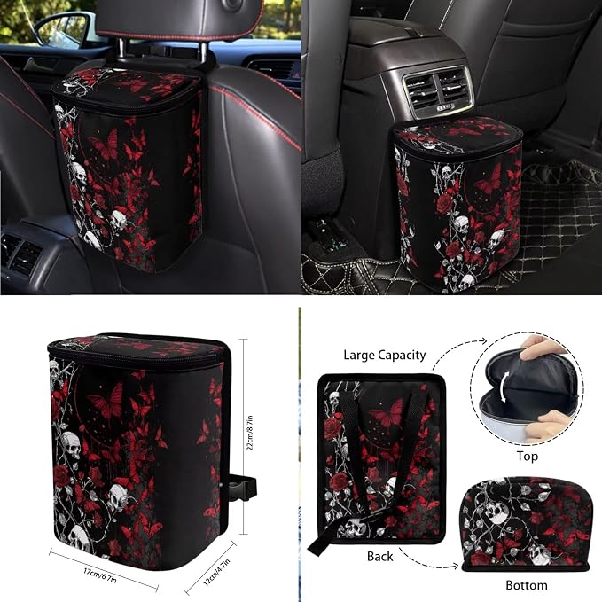 Skull Rose Pattern 10 Pcs Car Seat Covers Full Set Breathable Auto Seat Protector + Steering Wheel Cover + Air Vent Storage Bag + Trash Can + Coaster + Keychain