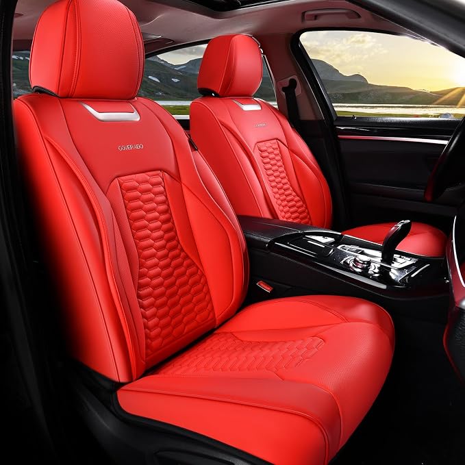 Coverado Car Seat Covers Full Set, Nappa Leather Red Car Seat Covers, Waterproof Automotive Seat Covers for Cars Interior Accessories Universal Fit Most Sedans, SUVs, Pick-up Trucks