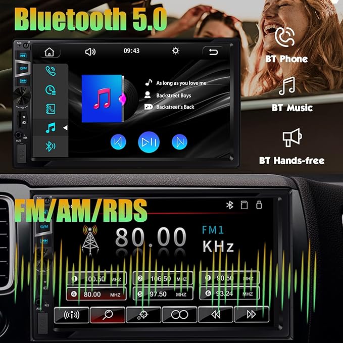 New Double Din Car Stereo with Wireless CarPlay & Android Auto, 7 in HD Car Radio with Bluetooth, USB/SD/AUX Input, FM, SWC, Subwoofer Support -HD Touchscreen Radio for Seamless Car Audio Integration