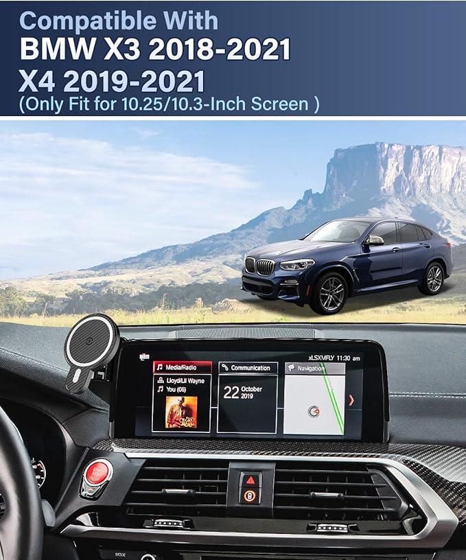 PZK Car Phone Holder for BMW X3 2018-2021/ BMW X4 2019-2021 Accessories 10.25/10.3-Inch Screen Fixed Clip Magnetic 15W Fast Wireless Charging Car Phone Mount with Sunglasses Storage Box 360° Rotation