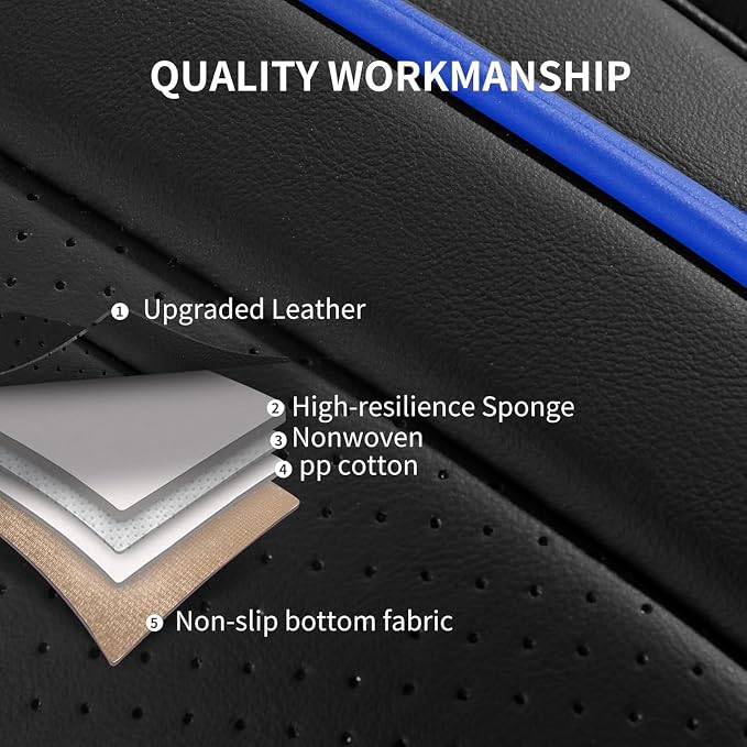 HChengkikz Car Seat Covers, Breathable and Waterproof Leather Seat Covers for Cars, Universal Anti-Slip Driver Seat Cover for Most SUV Pick-up Truck Sedan (2 PCS Front Seat, Black + Blue)