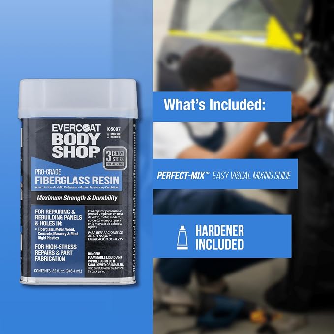Evercoat Body Shop 105006 Pro-Grade Fiberglass Resin for Repairing and Rebuilding Panels & Holes in Fiberglass, Metal, Wood & More, Easy Mix Hardener Included 128 Fl Oz.