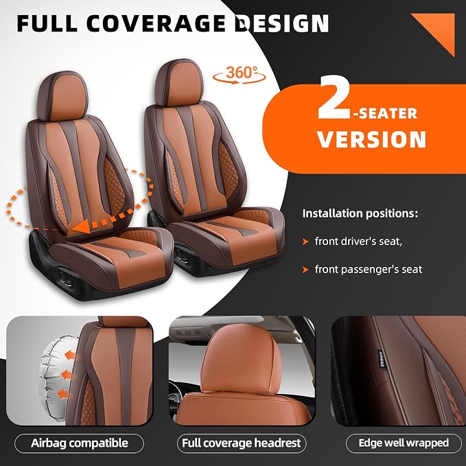 2-Seater Car Seat Covers Full Set, Fit for Front Seats of Cars, Waterproof and Breathable Nappa Leather, Compatible with Airbags, Car Seat Protector Covers for Most Cars -Coffee Brown