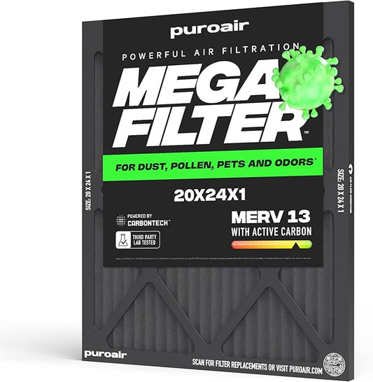 PuroAir MegaFilter - 20x24x1 Air Filter MERV 13 Activated CarbonTech Defense - Heavy Duty 3 Layer Furnace Filters Allergens, Pollen, Dust, Pet Dander, Smoke, Odors - HVAC Air Filter 20x24x1 (1-Pack)