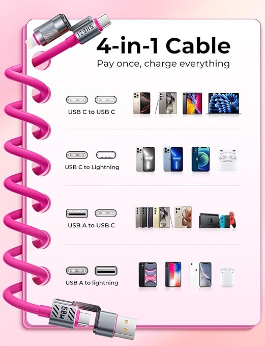 Coiled Pink Cable 4-in-1 USB C Cable 60W Compatible with Lightning Cable Fast Charging & Data Transfer, Support to CarPlay & Android Auto, 5FT Multi Cord Combo Charger for iPhone/iPad