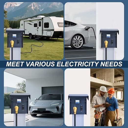 RV Electrical Panel with Breaker, Temporary Power Outlet Box, UL 50 20 Amp Receptacles, Outdoor Weatherproof Metal Enclosure, Easy Setup for Campers, Travel Trailers, Mobile Homes (Blue)
