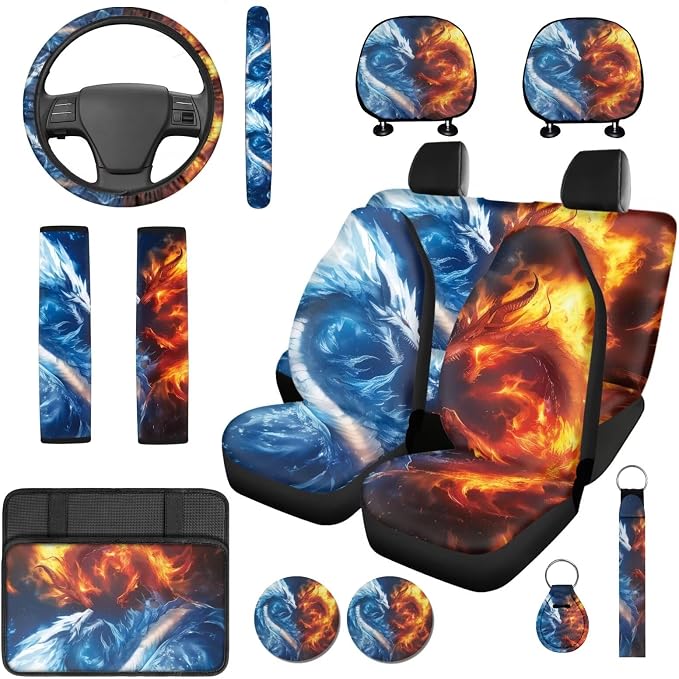 Bulopur Fire Ice Dragon Car Seat Covers Front and Rear with Steering Wheel Cover Elastic Center Console Cushion Anti-Slip Seat Belt Pads 14 Piece Vehicle Interior Decor Set