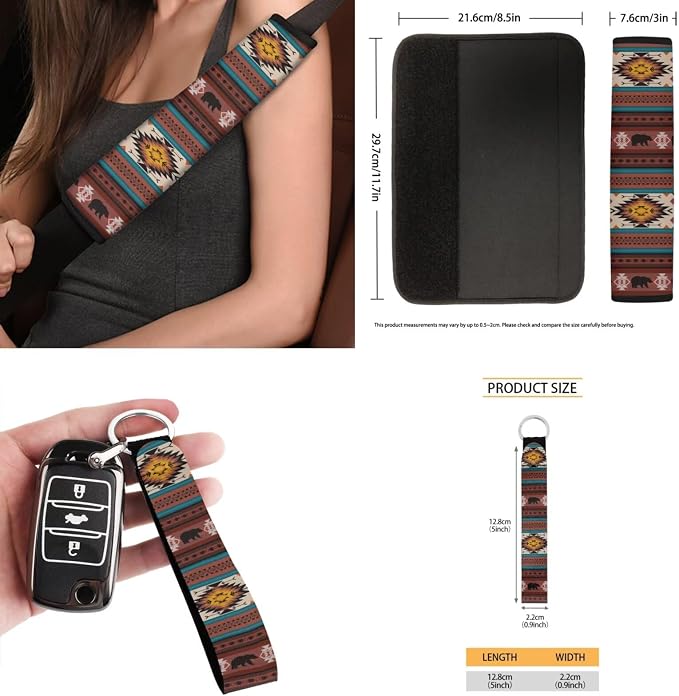 Red Tribal Horse Car Seat Covers Set of 15 with Universal Steering Wheel Cover, Rearview Mirror Cover, Car Trash Can, Seatbelt Pads, Cup Holder Coasters, Keychains