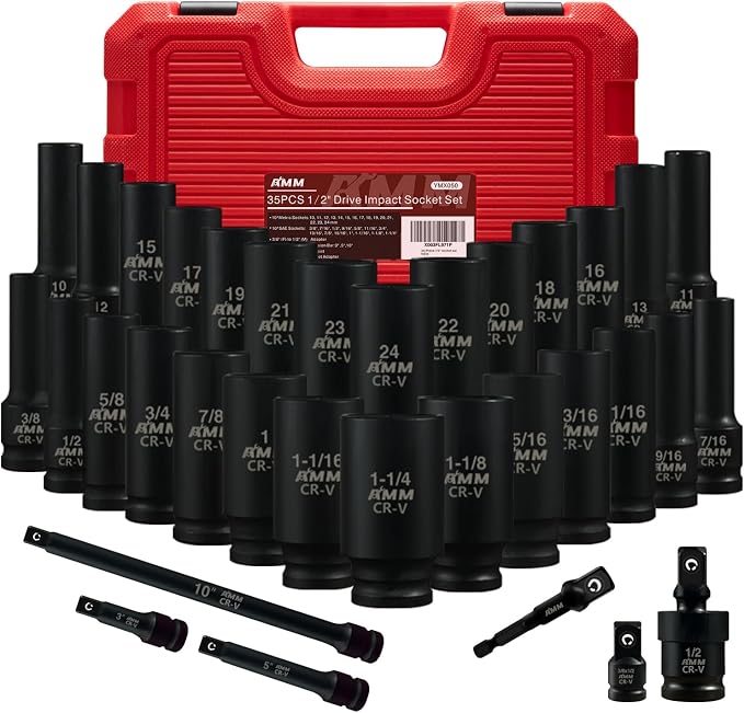 AMM 1/2" Drive Deep Impact Socket Set, 35-Piece Socket set SAE 3/8 to 1-1/4 inch and Metric 10-24mm Size, Includes Extension Bars, Universal Joint and Adapter, 6 Point Design,Cr-V steel